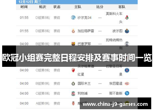 欧冠小组赛完整日程安排及赛事时间一览