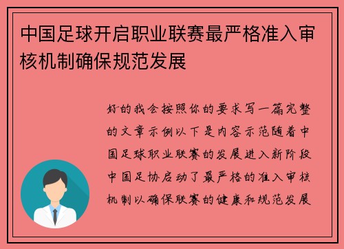 中国足球开启职业联赛最严格准入审核机制确保规范发展