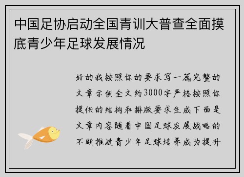 中国足协启动全国青训大普查全面摸底青少年足球发展情况